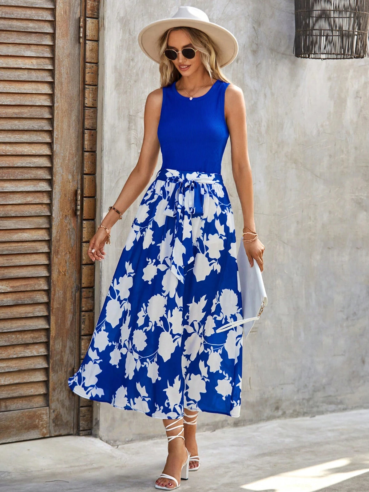 EMERY ROSE Solid Tank Top & Floral Print Belted Skirt