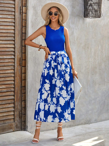 EMERY ROSE Solid Tank Top & Floral Print Belted Skirt