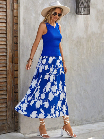 EMERY ROSE Solid Tank Top & Floral Print Belted Skirt