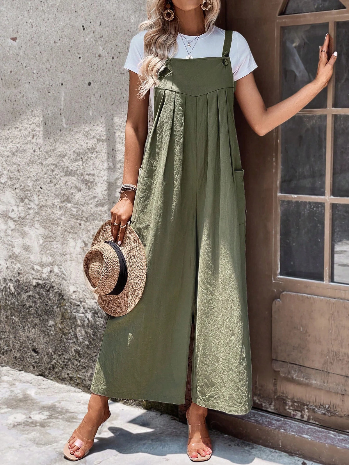 EMERY ROSE Solid Wide Leg Overall Jumpsuit Without Tee