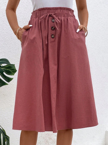 EMERY ROSE Paperbag Waist Hidden Pocket Fake Button Front Skirt