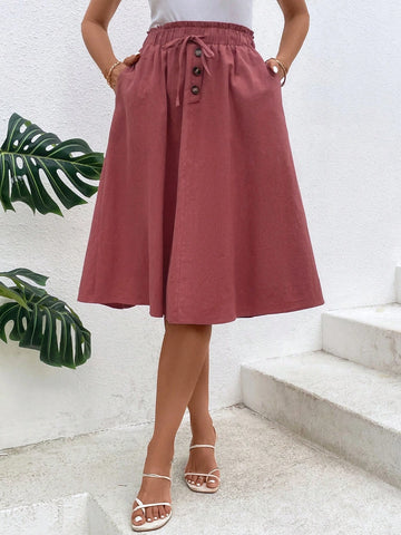 EMERY ROSE Paperbag Waist Hidden Pocket Fake Button Front Skirt