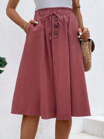 EMERY ROSE Paperbag Waist Hidden Pocket Fake Button Front Skirt