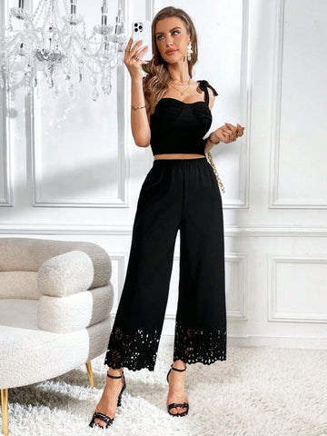 Laser Cut Wide Leg Pants