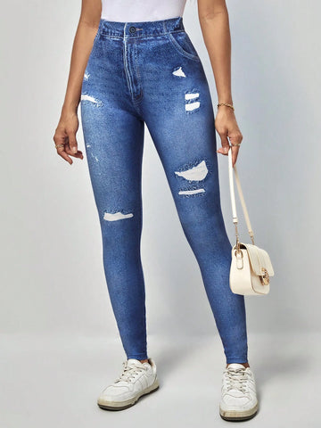 EMERY ROSE High Waist Denim-Effect Print Leggings