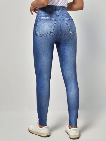 EMERY ROSE High Waist Denim-Effect Print Leggings