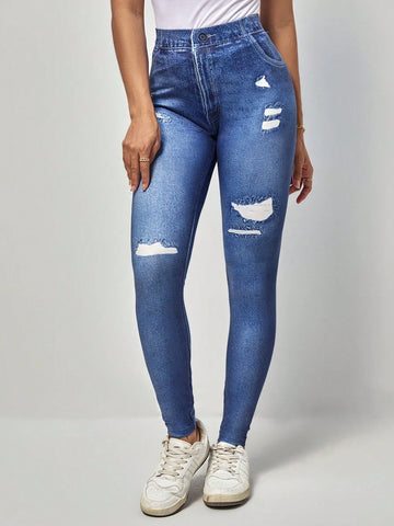 EMERY ROSE High Waist Denim-Effect Print Leggings