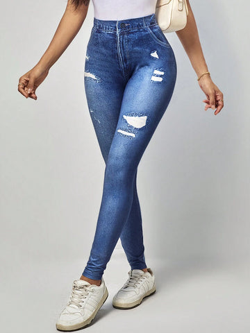 EMERY ROSE High Waist Denim-Effect Print Leggings