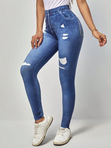EMERY ROSE High Waist Denim-Effect Print Leggings