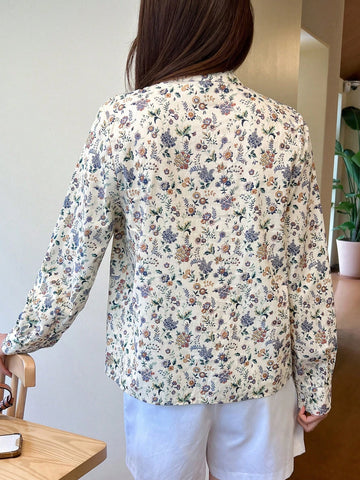 Floral Print Ruffle Trim Button Front Shirt