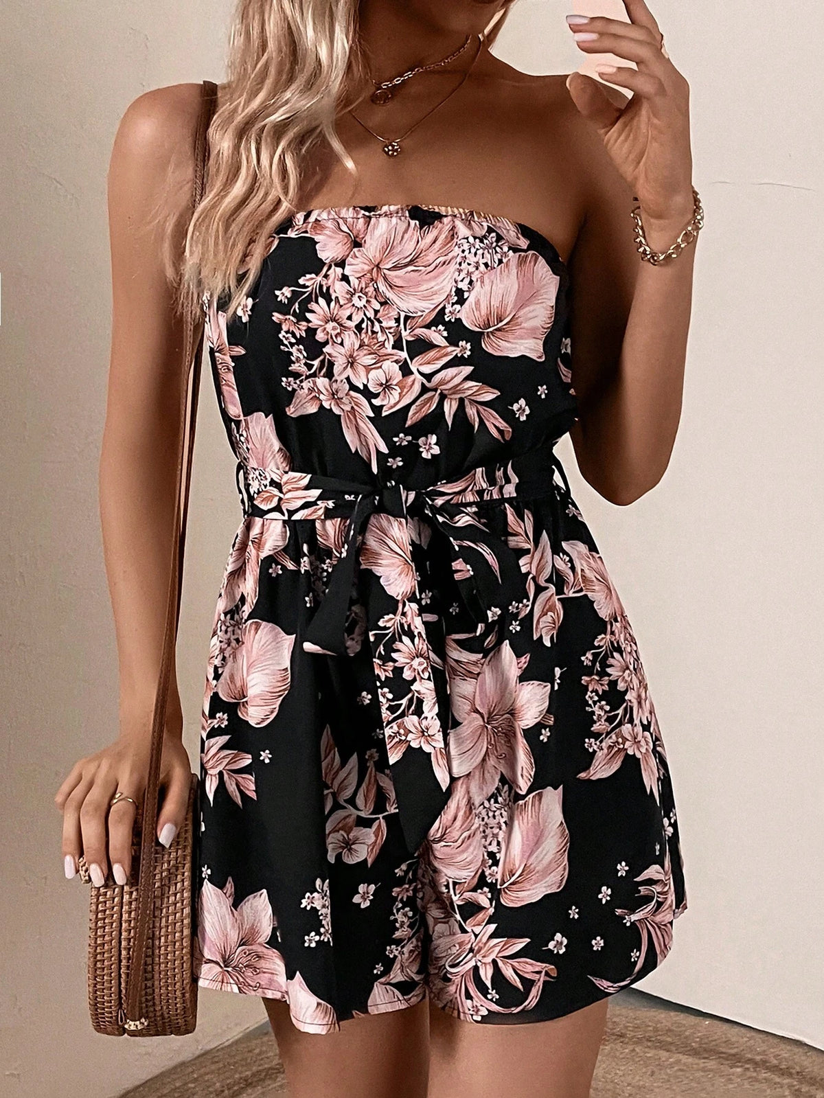 Floral Print Belted Tube Romper