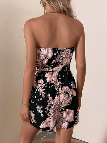 Floral Print Belted Tube Romper
