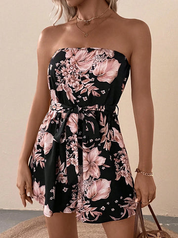 Floral Print Belted Tube Romper
