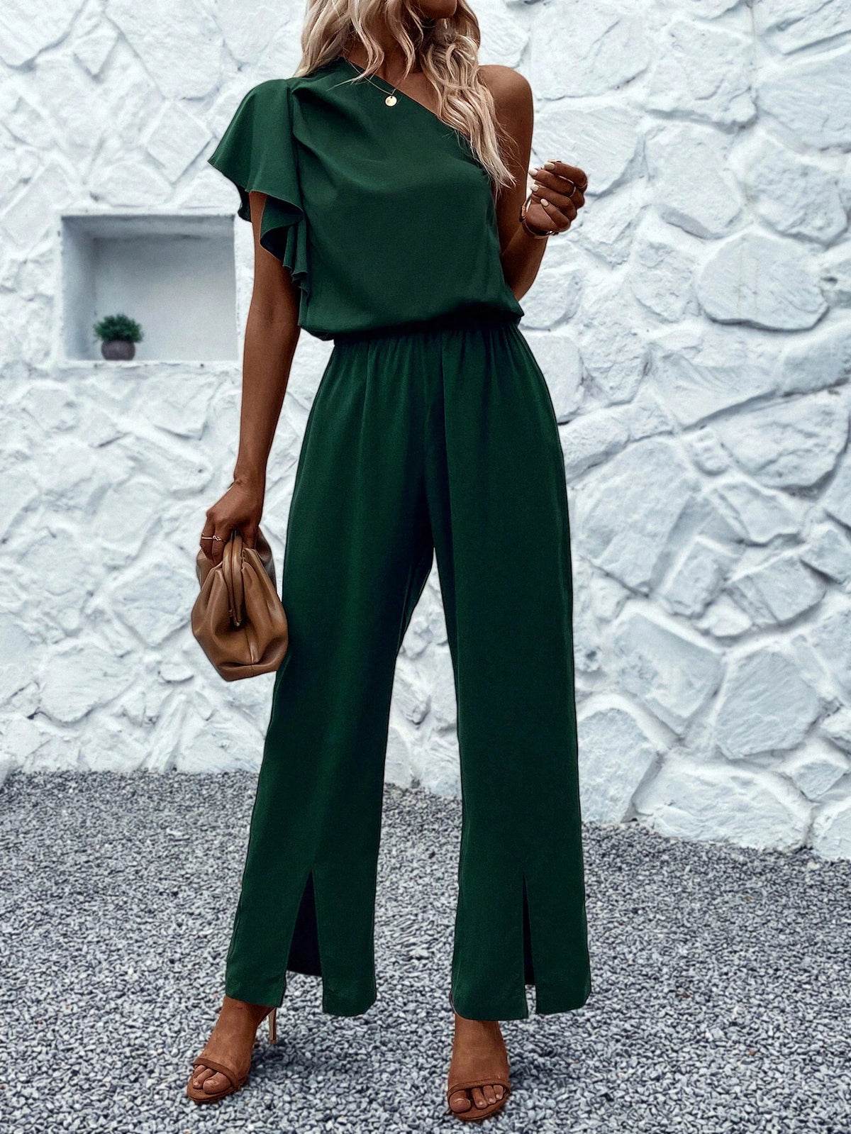 One Shoulder Split Hem Jumpsuit
