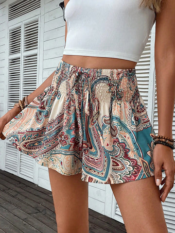 VCAY Paisley Print Tie Front Wide Leg Shorts