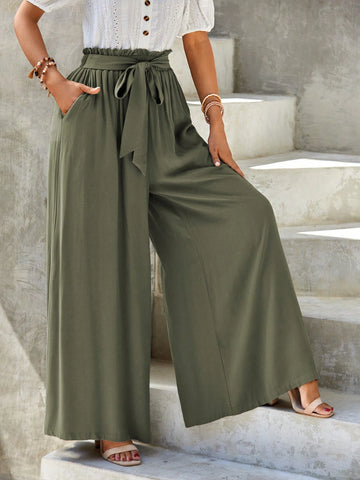 EMERY ROSE Paperbag Waist Tie Front Wide Leg Pants