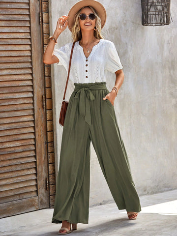 EMERY ROSE Paperbag Waist Tie Front Wide Leg Pants