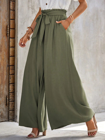 EMERY ROSE Paperbag Waist Tie Front Wide Leg Pants
