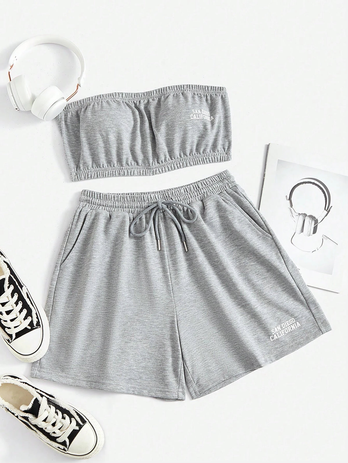 Letter Graphic Tube Top & Drawstring Waist Shorts
