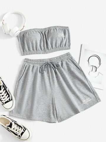 Letter Graphic Tube Top & Drawstring Waist Shorts