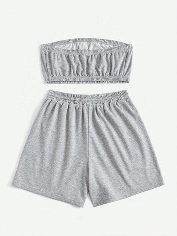 Letter Graphic Tube Top & Drawstring Waist Shorts