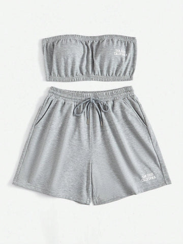 Letter Graphic Tube Top & Drawstring Waist Shorts