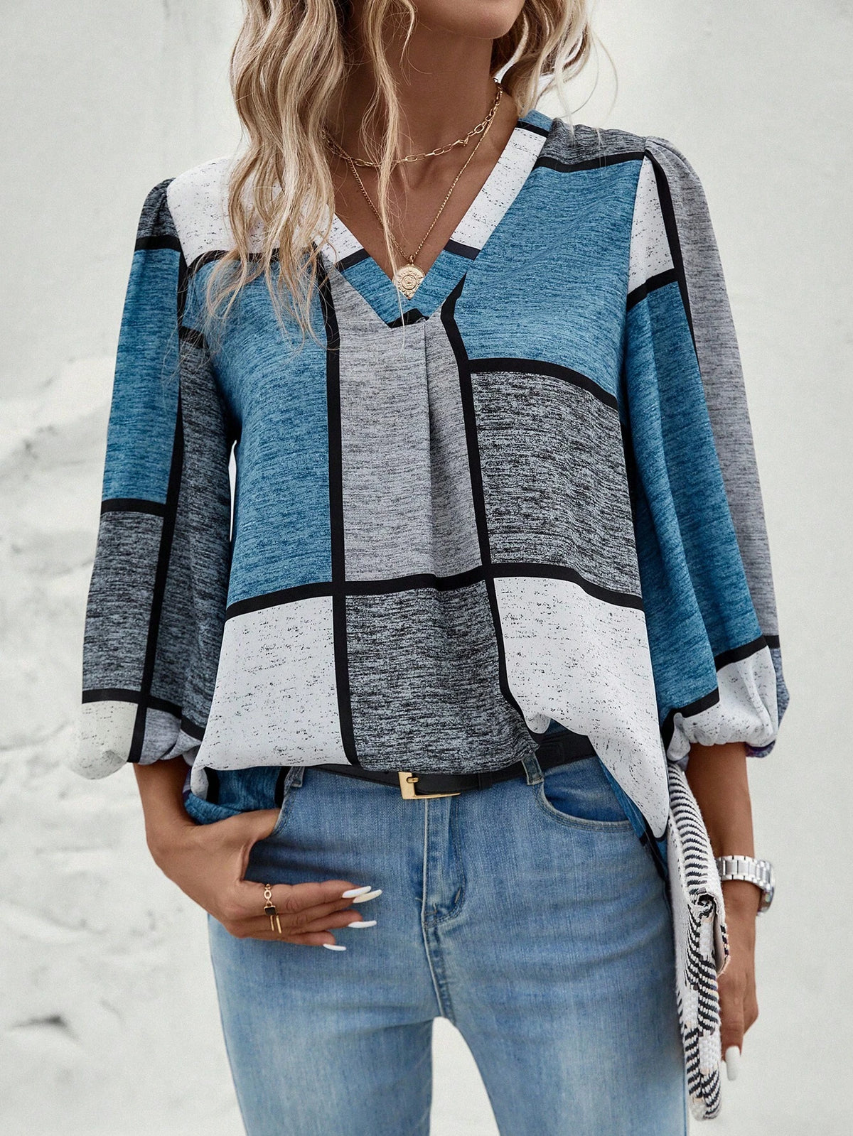 Colorblock Lantern Sleeve V Neck Blouse