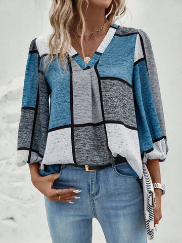 Colorblock Lantern Sleeve V Neck Blouse