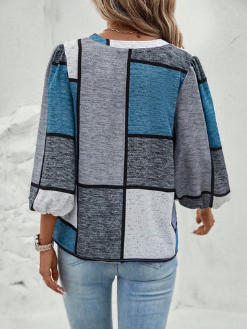 Colorblock Lantern Sleeve V Neck Blouse