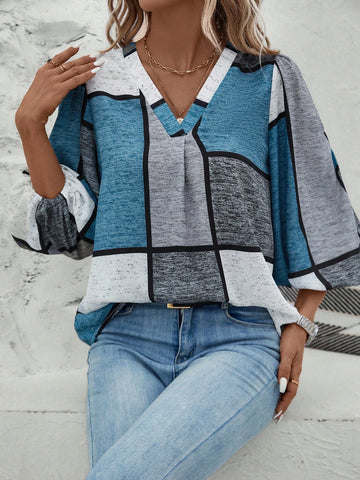 Colorblock Lantern Sleeve V Neck Blouse