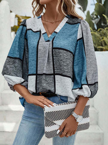 Colorblock Lantern Sleeve V Neck Blouse