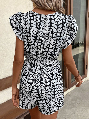 EMERY ROSE Allover Print Ruffle Trim Belted Romper