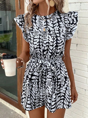 EMERY ROSE Allover Print Ruffle Trim Belted Romper