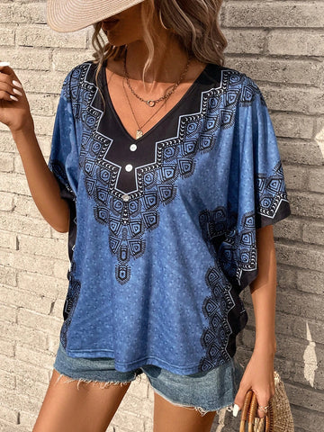 EMERY ROSE Geo Print Batwing Sleeve Tee