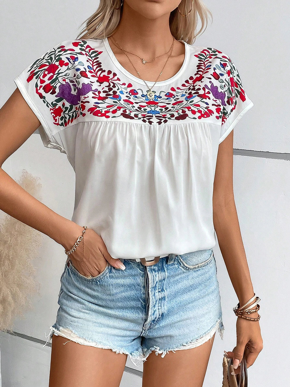 Ruched Batwing Sleeve Blouse