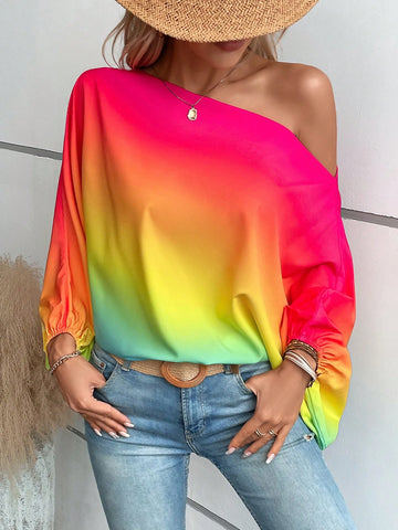 Ombre Asymmetrical Neck Batwing Sleeve Blouse
