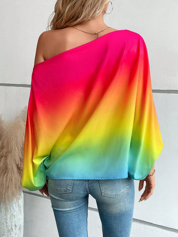 Ombre Asymmetrical Neck Batwing Sleeve Blouse