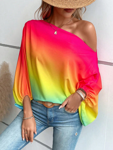 Ombre Asymmetrical Neck Batwing Sleeve Blouse
