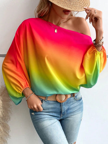 Ombre Asymmetrical Neck Batwing Sleeve Blouse
