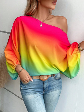 Ombre Asymmetrical Neck Batwing Sleeve Blouse