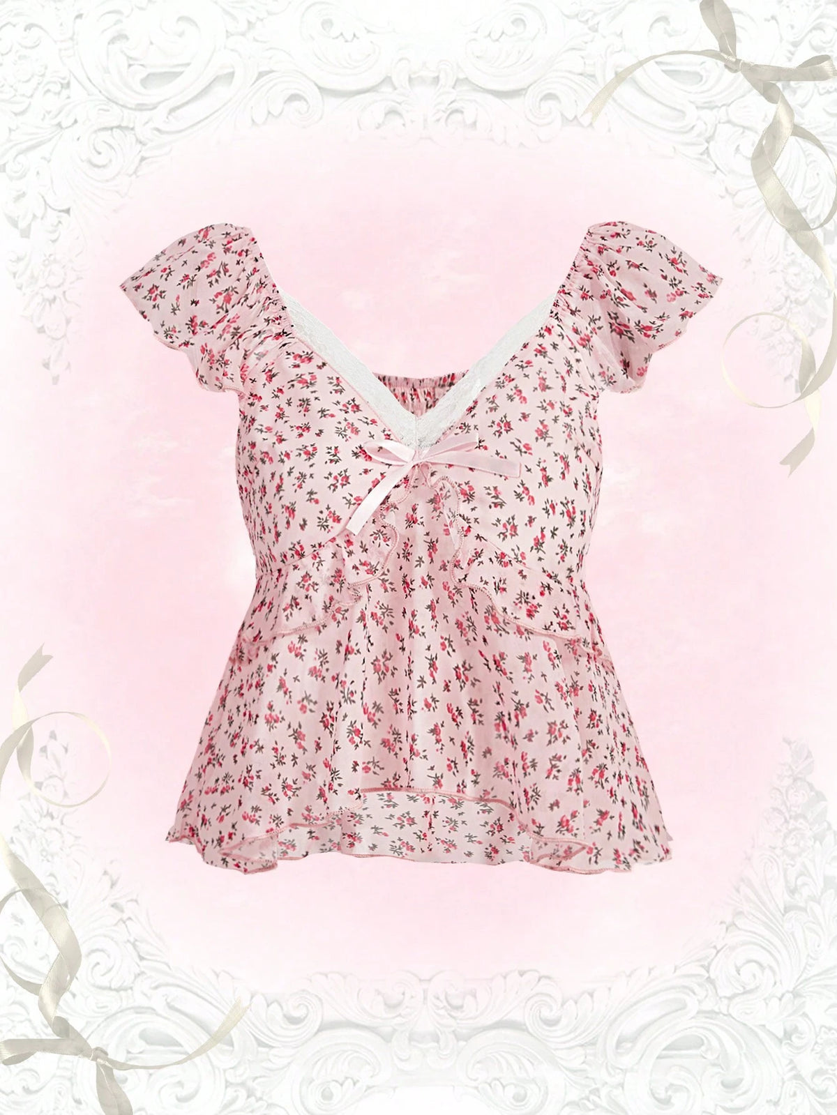 Floral Print Contrast Lace Peplum Blouse