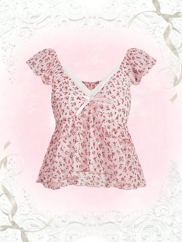 Floral Print Contrast Lace Peplum Blouse