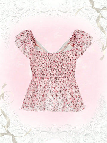 Floral Print Contrast Lace Peplum Blouse