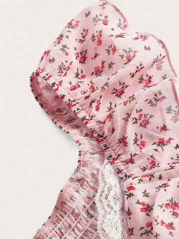 Floral Print Contrast Lace Peplum Blouse