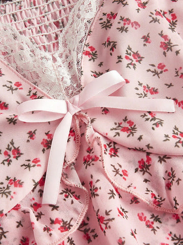 Floral Print Contrast Lace Peplum Blouse