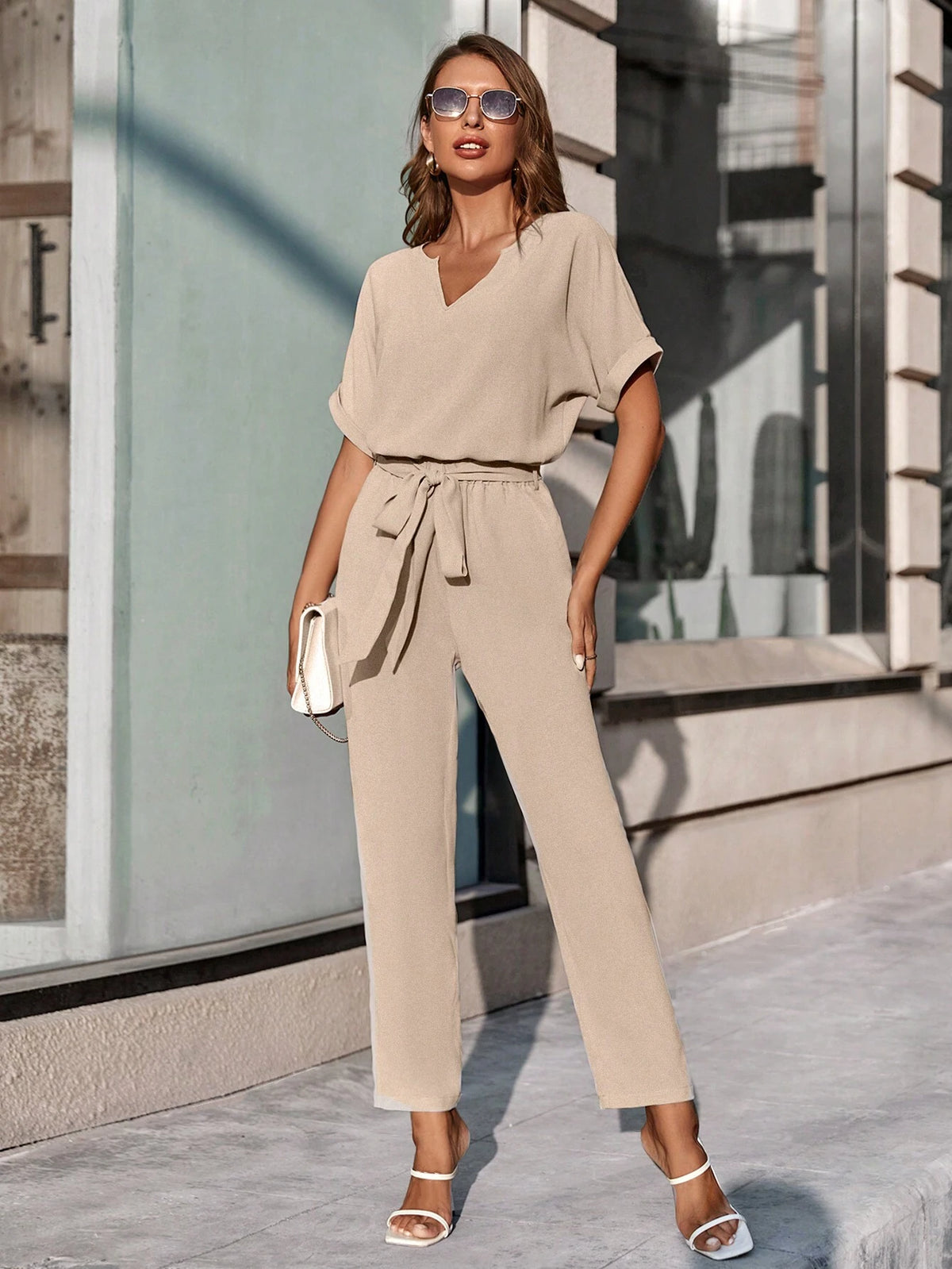 EMERY ROSE Solid Batwing Sleeve Blouse & Belted Pants