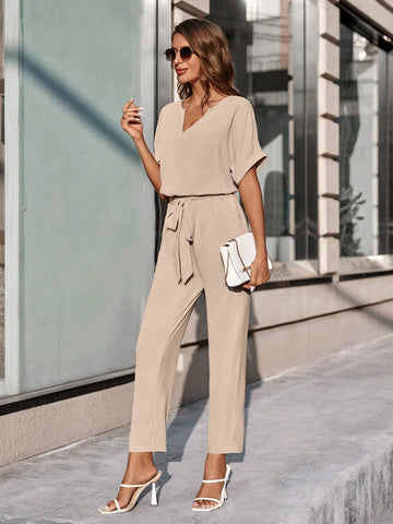EMERY ROSE Solid Batwing Sleeve Blouse & Belted Pants