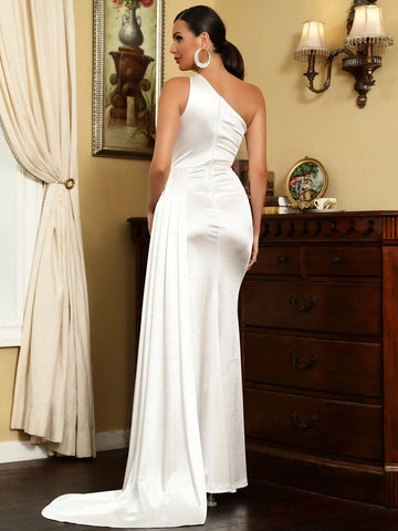 LOVE&LEMONADE One Shoulder Split Thigh Satin Formal Dress