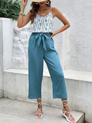 Floral Print Cami Top & Belted Pants