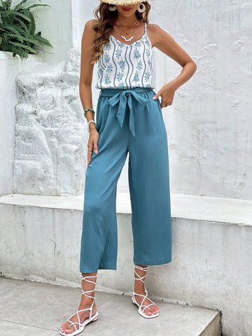Floral Print Cami Top & Belted Pants